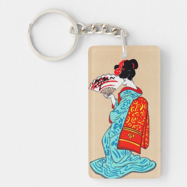 Cool japanese classic geisha lady kimono fan key ring (Front)