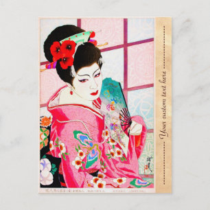 Cool japanese classic geisha lady pink kimono fan postcard