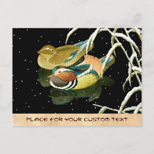 Cool japanese mandarina duck black pond snow postcard