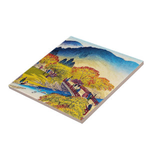Cool japanese mountain fall river bridge scenery tile