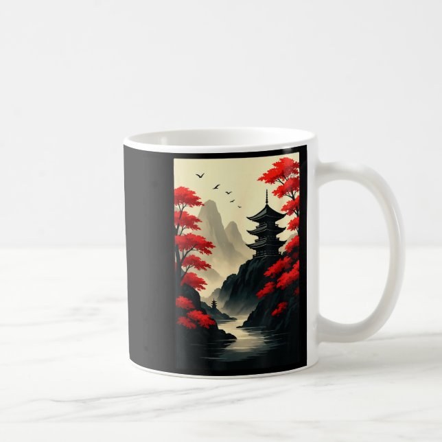 Cool Japanese Pagoda Castle Mountain Landscape Gra Coffee Mug (Right)