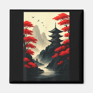 Cool Japanese Pagoda Castle Mountain Landscape Gra Magnet