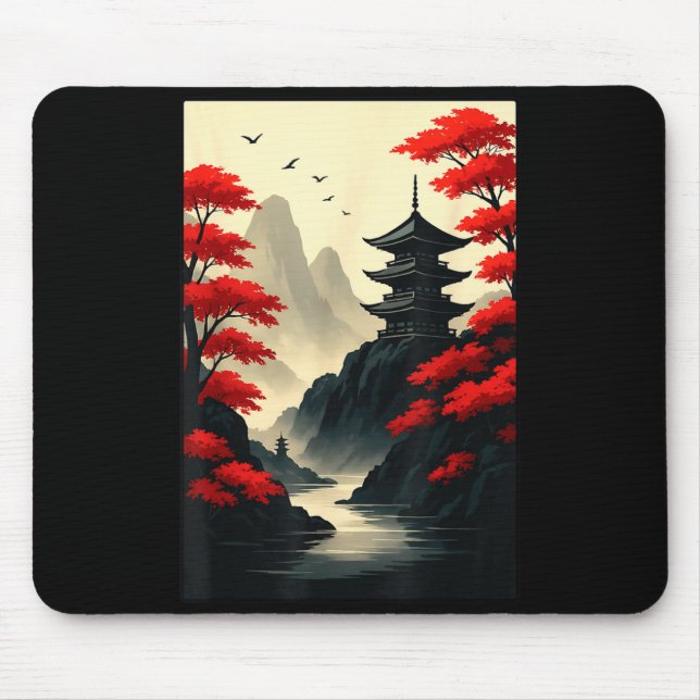 Cool Japanese Pagoda Castle Mountain Landscape Gra Mouse Pad (Front)