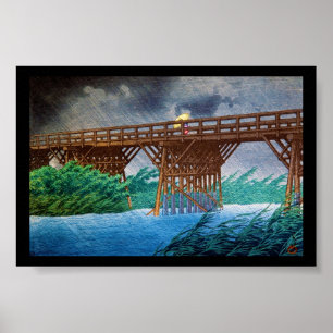 Cool japanese rain bridge river forest Kawase art Poster