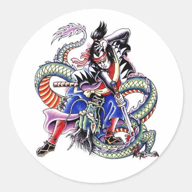 Cool Japanese Samurai Fight Dragon tattoo Classic Round Sticker (Front)