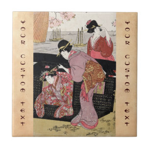 Cool japanese ukiyo-e trio geisha lady scroll ceramic tile