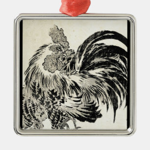 Cool japanese vintage ukiyo-e ink rooster chicken metal tree decoration