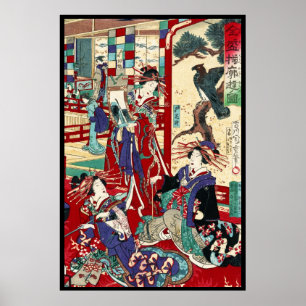 Cool japanese vintage ukiyo-e trio geisha scroll poster