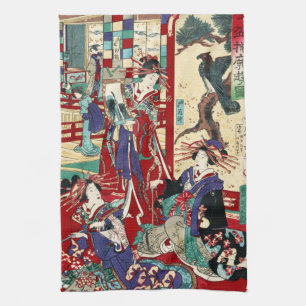 Cool japanese vintage ukiyo-e trio geisha scroll tea towel