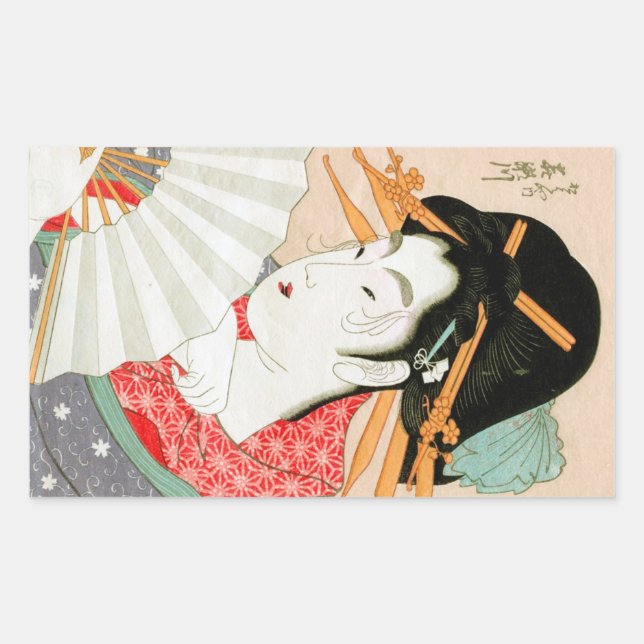 Cool japanese woodprint geisha with fan art rectangular sticker (Front)