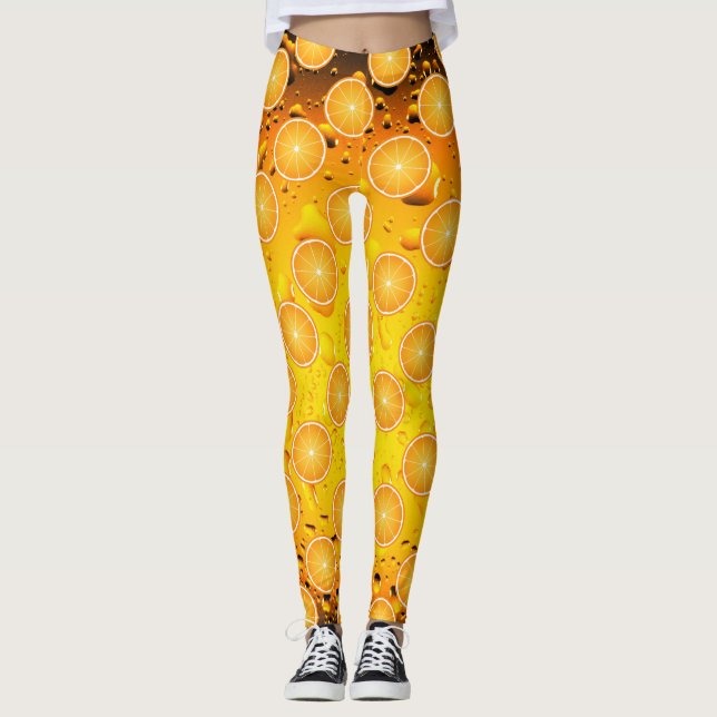 Cool Juicy Orange slices pattern on Water drops Leggings (Front)