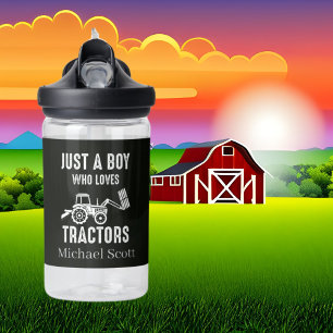 Cool just boy loves tractors add name water bottle