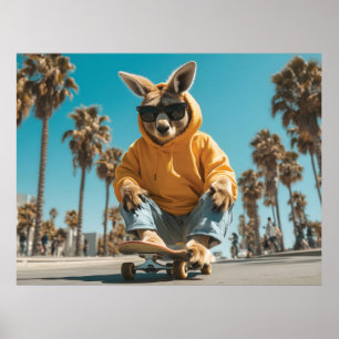 Cool Kangaroo in Sunglasses on a Skateboard Poster