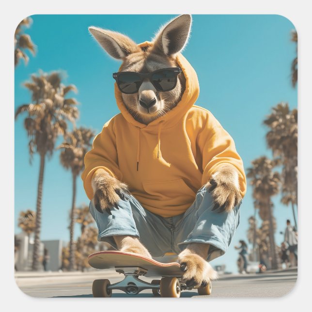 Cool Kangaroo in Sunglasses on a Skateboard Square Sticker (Front)