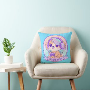 Cool Kawaii Gamer Girl Dog in Baby Blue Cushion