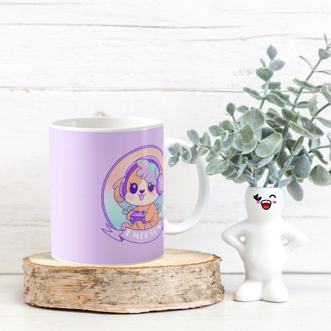 Cool Kawaii Gamer Girl Dog in Purple with Name Coffee Mug (Creator Uploaded)