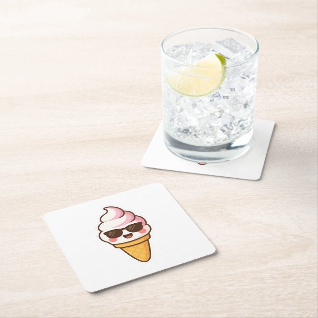 Cool Kawaii Ice Cream Square Paper Coaster (Insitu)