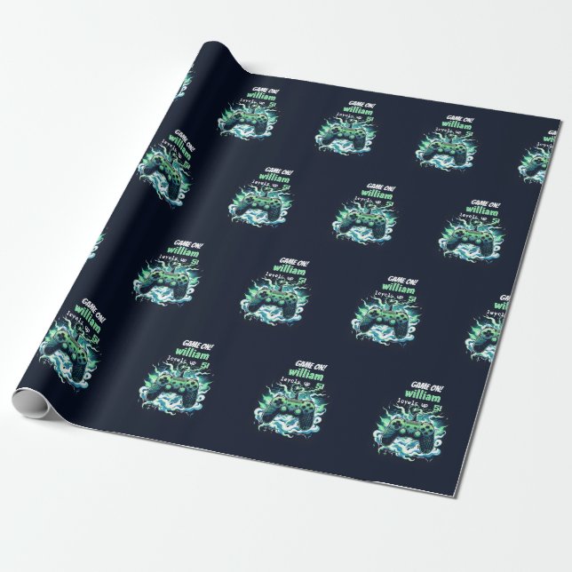 cool kids gaming level up 5th birthday wrapping paper (Unrolled)