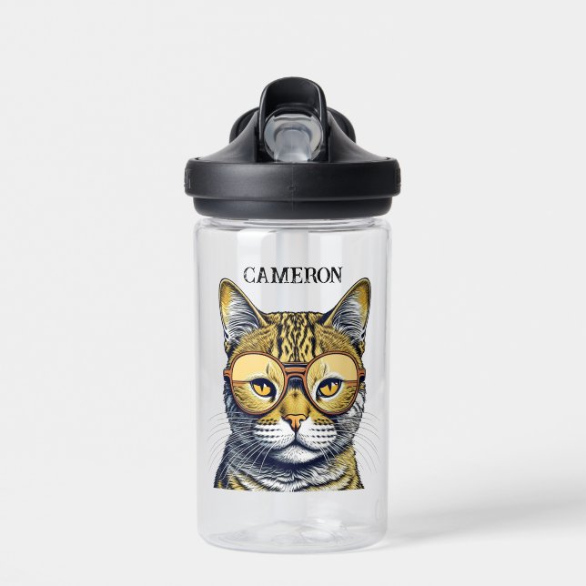 Cool Kitty Cat with Glasses Personalised Water Bottle (Front)