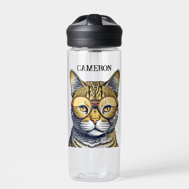 Cool Kitty Cat with Glasses Personalised Water Bottle (Front)