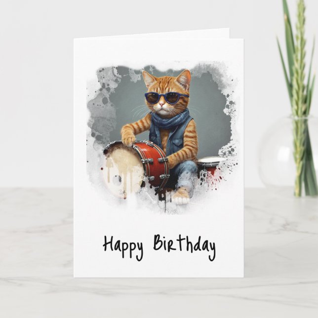 *~* Cool Kitty  DRUMMER AP91 Hip Birthday Card (Front)