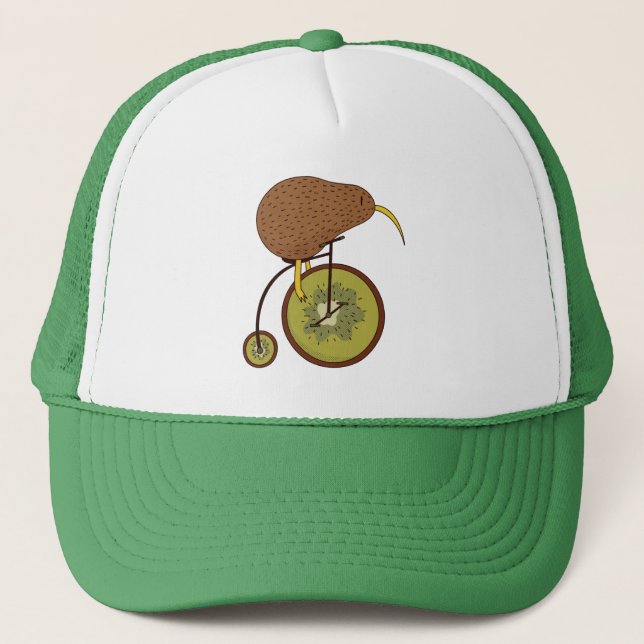Cool Kiwi Bird on Kiwi Fruit Design Trucker Hat (Front)