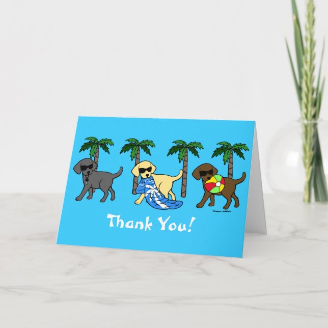 Cool Labradors Beach Party Cartoon Thank You Card (Front)
