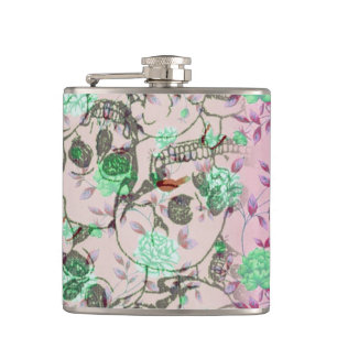 Cool Lady Grunge Skulls and Teal & Pink Floral Hip Flask