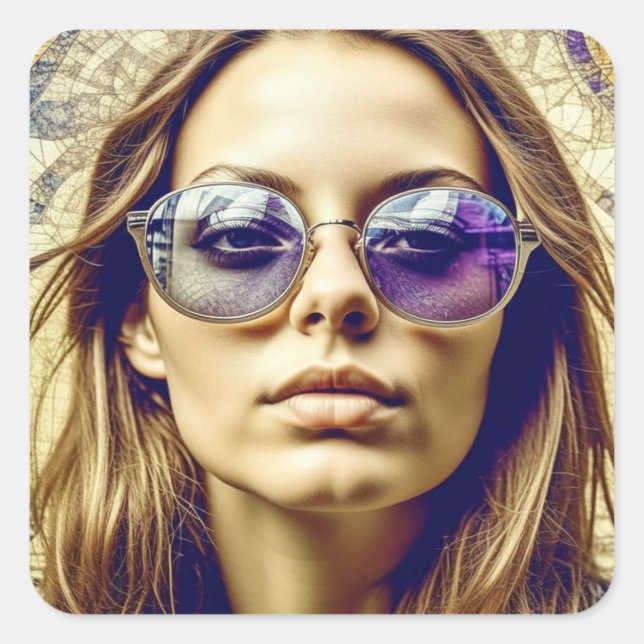 Cool Lady with Reflection in her Sunglasses Square Sticker (Front)