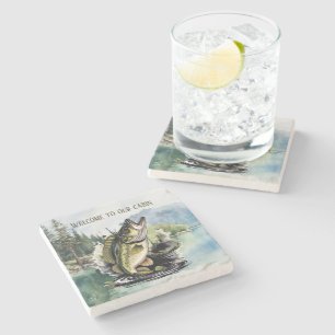 Cool lake house welcome fish stone coaster