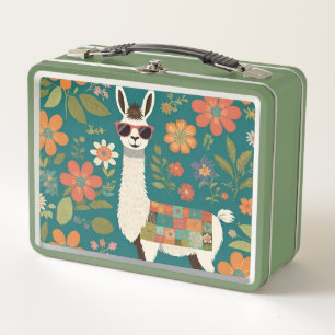 Cool Lama In Sunglasses Floral Patchwork Metal Lunch Box