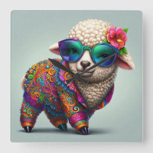 Cool lamb in a colourful suit square wall clock