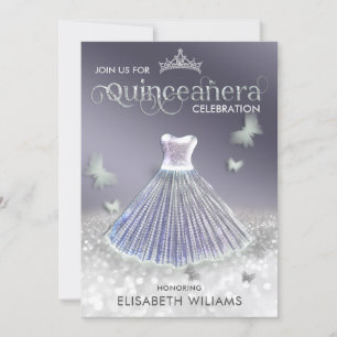 Cool lavender silver glitter dress butterfly invitation