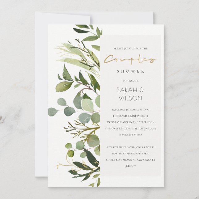 COOL LEAFY GREEN FOLIAGE WATERCOLOR COUPLES SHOWER INVITATION (Front)