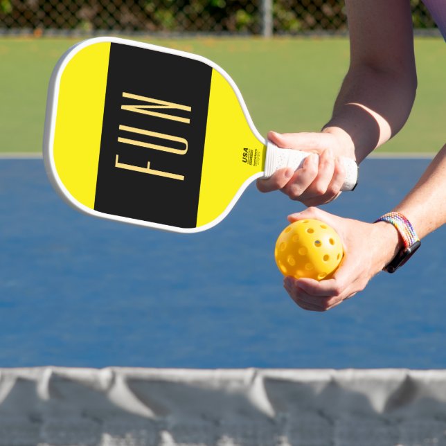 Cool Lemon Lime Wide Centre Black Stripe FUN Text Pickleball Paddle (Insitu)