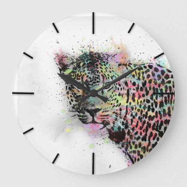 Cool leopard animal watercolor splatters paint large clock (Front)
