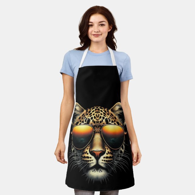 Cool Leopard Wearing Sunglasses Stylish Leopard  Apron (Worn)