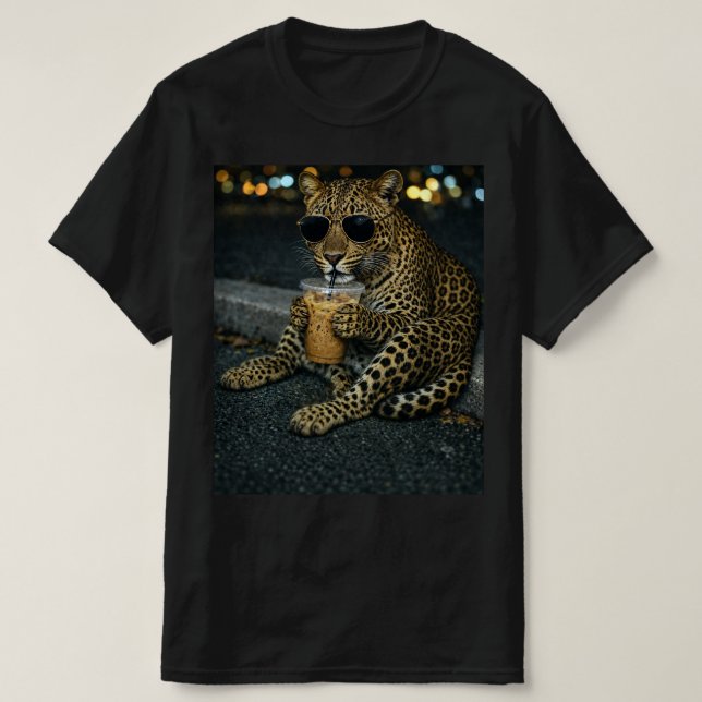 Cool Leopard With Sunglasses Iced Coffee  T-Shirt (Design Front)