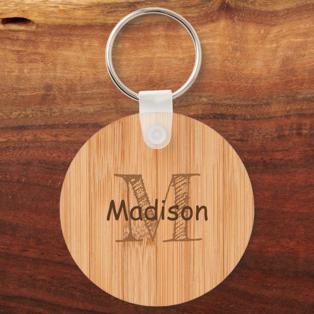 Cool light brown bamboo wood print Monogram  Key Ring (Front)