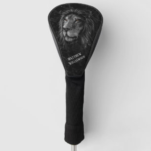 Cool Lion Black Marble Background Monogram Golf Head Cover