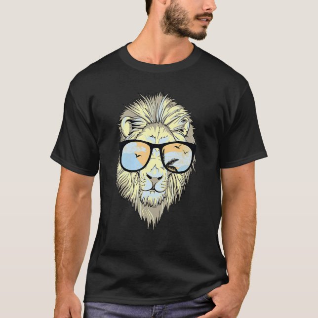 Cool Lion Face Sunglasses animal print with colour T-Shirt (Front)