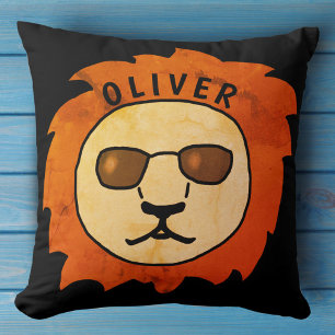 Cool Lion Head Orange Black Kid`s Name  Cushion