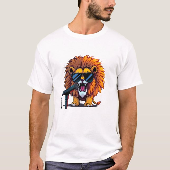 Cool Lion Singing with Microphone T-Shirt (Front)