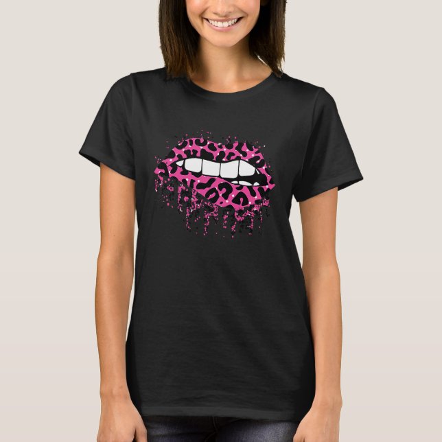 Cool Lips Bite Kiss Me Leopard Print Cheetah Valen T-Shirt (Front)