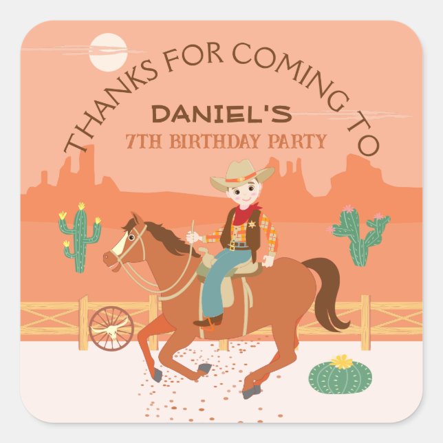 Cool little cowboy and horse Birthday Party Square Sticker (Front)
