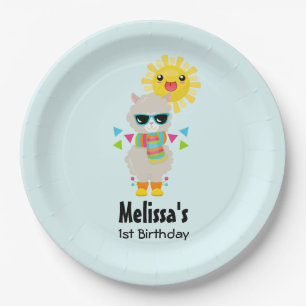 Cool Llama and Smiling Kawaii Sun Birthday Paper Plate