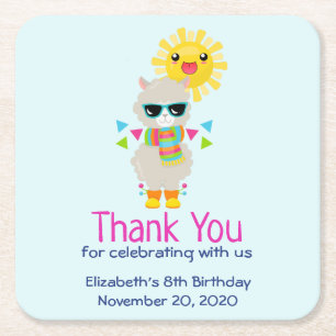 Cool Llama and Smiling Kawaii Sun Birthday Square Paper Coaster