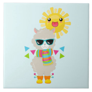 Cool Llama and Smiling Kawaii Sun Ceramic Tile