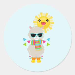 Cool Llama and Smiling Kawaii Sun Classic Round Sticker