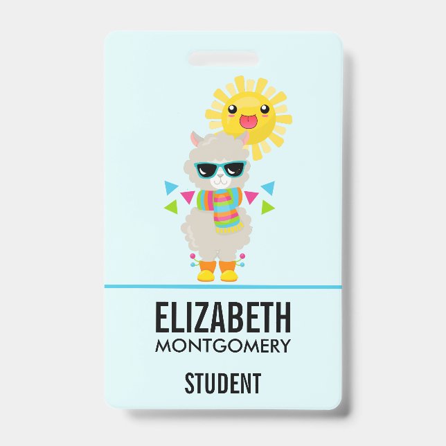 Cool Llama and Smiling Kawaii Sun ID Badge (Front)